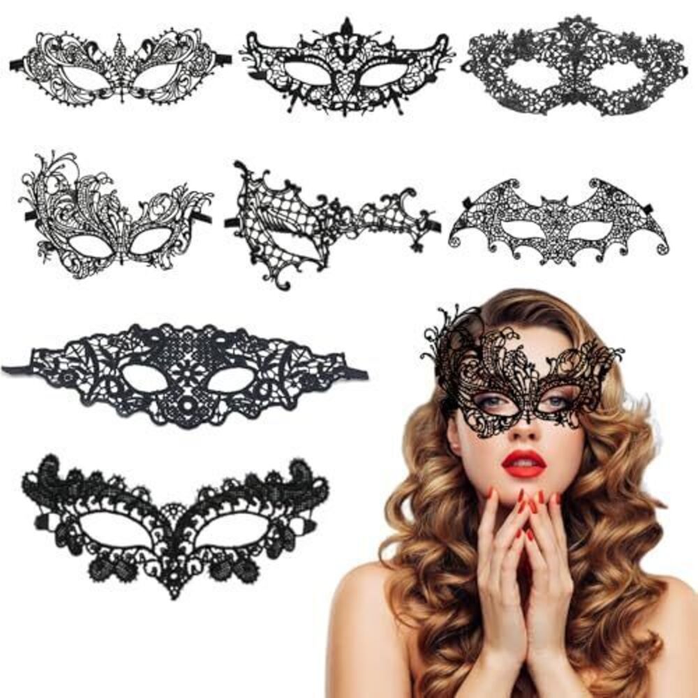 1574 8pcs Black Masquerade Mask , Adjustable Ribbon Straps, Lightweight